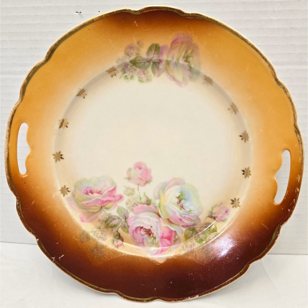 Atq German Porcelain Handled Cake Plate Pink Roses Cottagecore Decor c 1891-1914